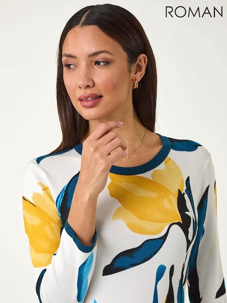 Roman Yellow Floral Print 3/4 Sleeve Knit Jumper (F07002) | £42