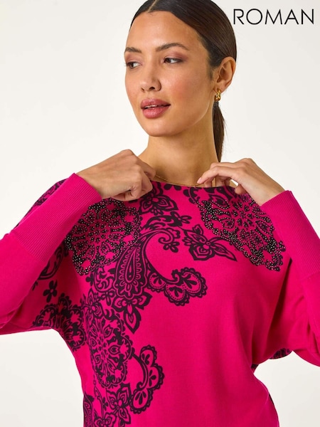 Roman Pink Henna Print Hotfix Detail Knit Jumper (F07005) | £45