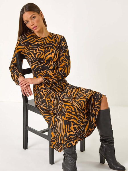 Roman Brown Animal Print Belt Detail Midi Dress (F07011) | £50
