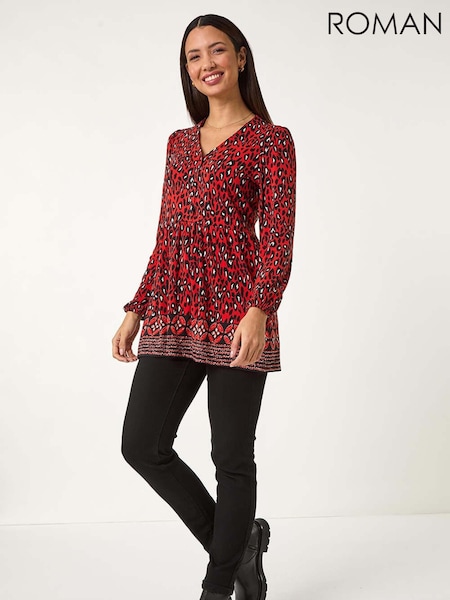 Roman Red Abstract Printed V-Neck Tunic Top (F07022) | £40