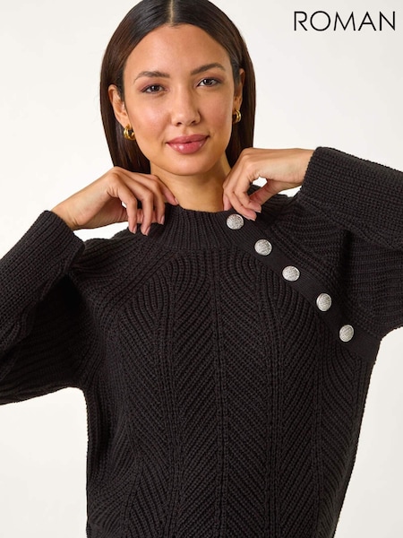 Roman Black Textured Buttoned Neck Knit Jumper (F07044) | £42