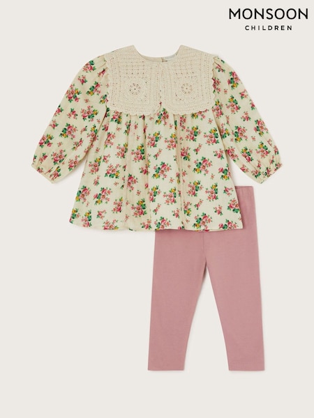 Monsoon Natural Baby Rosanna Floral Crochet Collar Top and Leggings Set (F07220) | £32