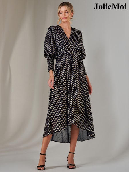 Jolie Moi Blue Metallic Spot Print Puffy Sleeve Maxi Dress (F07222) | £79