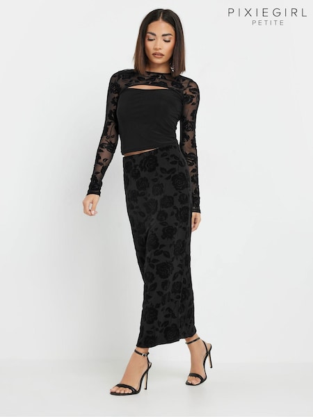 PixieGirl Petite Black Velevet Rose Detailed Skirt (F07251) | £31