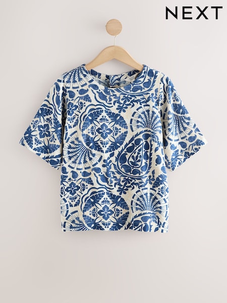 Blue/Cream Geo Print Short Sleeve Boxy T-Shirt with Linen (F07354) | £24