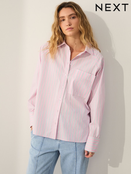 Blue/Pink Pastel Stripe Girlfriend Oversized Long Sleeve Shirt (F07364) | £26