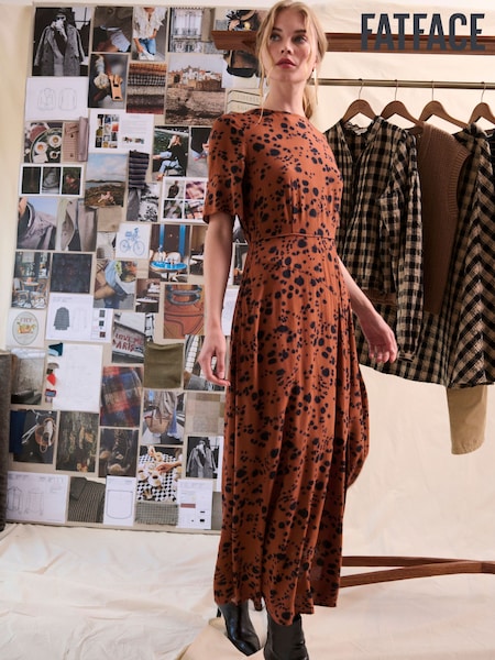 FatFace Winona Tan Brown Animal Spot Midi Dress (F07527) | £75