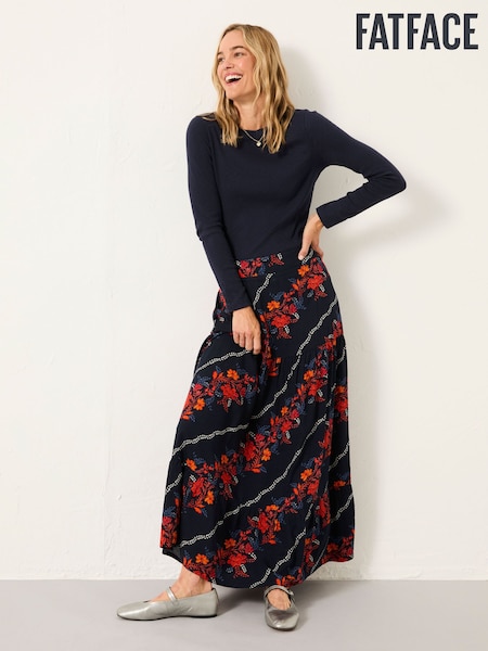 FatFace Anika Navy Folk Floral Midi Skirt (F07552) | £55