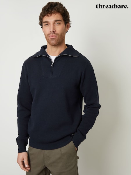 Threadbare Navy Rib Panel Quarter Zip Jumper (F07661) | £24