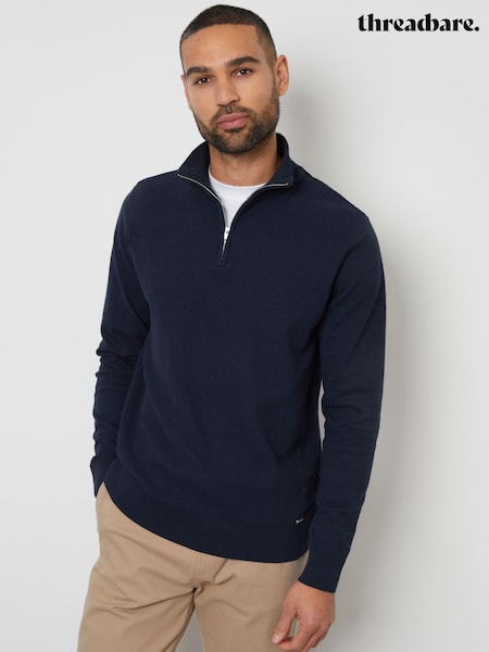 Threadbare Navy Basket Stitch Mock T-Shirt Quarter Zip Jumper (F07663) | £26