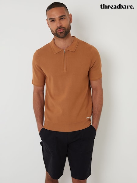 Threadbare Brown Quarter Zip Textured Trim Knitted Polo Shirt (F07680) | £24