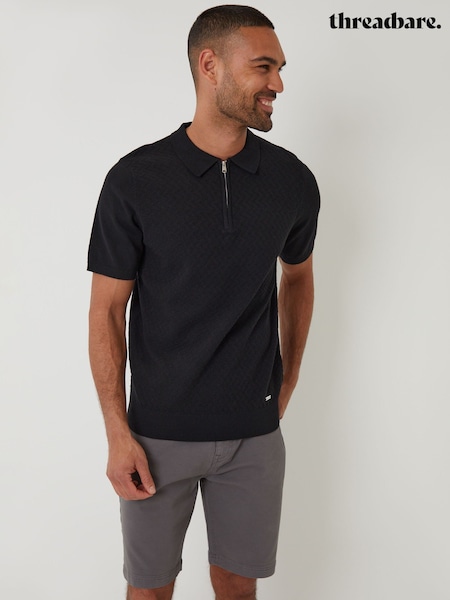 Threadbare Black Textured Front Quarter Zip Knitted Polo Shirt (F07698) | £24