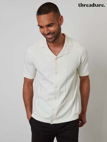 Threadbare Cream Textured Panel Revere Collar Knitted Shirt (F07724) | £24