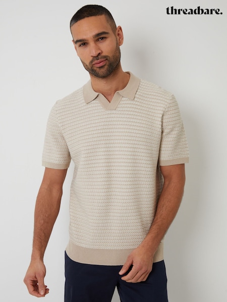 Threadbare Natural Textured Stripe Knit Trophy Neck Polo Shirt (F07730) | £24
