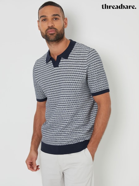 Threadbare Blue Textured Stripe Knit Trophy Neck Polo Shirt (F07742) | £24