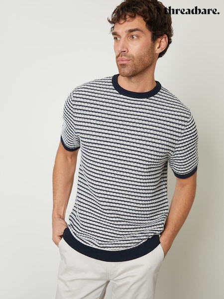 Threadbare Blue Stripe Textured Knitted T-Shirt (F07749) | £22