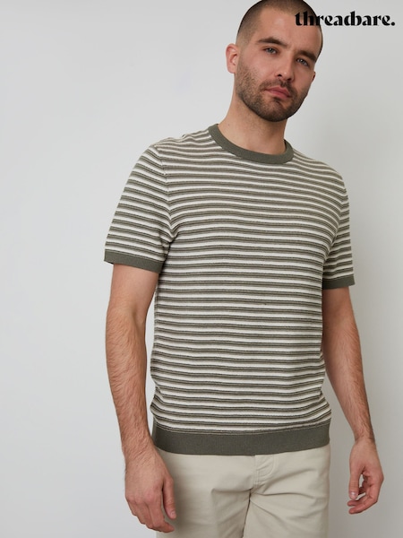 Threadbare Green Striped Textured Knitted T-Shirt (F07752) | £20