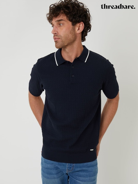 Threadbare Blue Textured Front Tipping Collar Knitted Polo Shirt (F07754) | £24