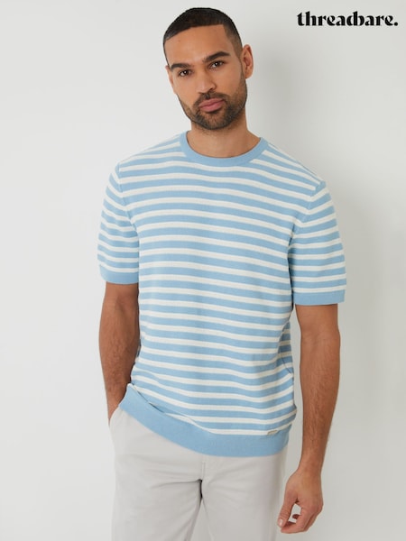 Threadbare Blue Striped Textured Knitted T-Shirt (F07768) | £20