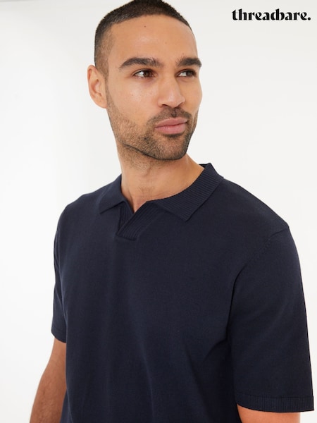 Threadbare Navy Trophy Neck Knitted Polo Shirt (F07774) | £22