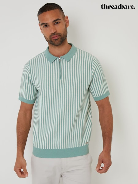 Threadbare Green Striped Textured Quarter Zip Knitted Polo Shirt (F07775) | £24