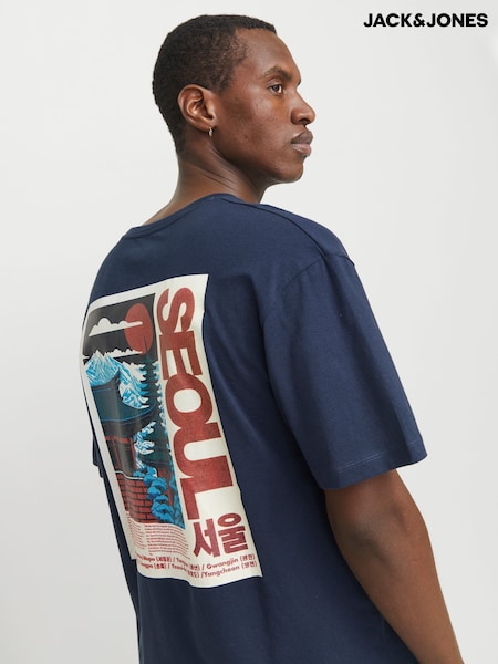 JACK & JONES Blue Seoul Graphic Print Back 100% Cotton T-Shirt (F07787) | £16