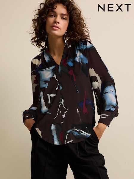 Brown Print Long Sleeve V-Neck Blouse (F07815) | £36