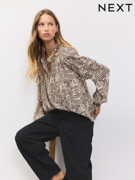 Brown/Cream Aztec Print Print Long Sleeve Pintuck Ruffle Sleeve Blouse (F07843) | £38