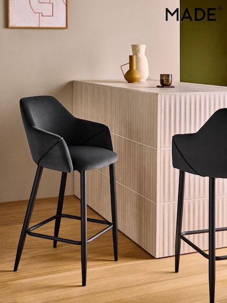 MADE.COM Charcoal Grey and Black Legs Lule Bar Stool in Velvet (F07891) | £169