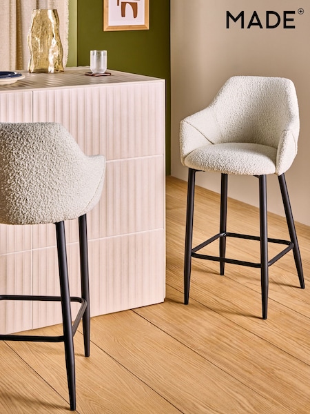 MADE.COM White Boucle and Black Legs Lule Bar Stool in Velvet (F07897) | £169