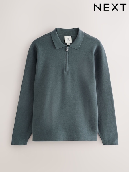 Sage Green Zip Neck Regular Fit Premium Long Sleeve Knit Polo Shirt (F08032) | £36