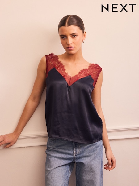 Navy/Burgundy Lace Trim Satin Cami Top (F08044) | £29