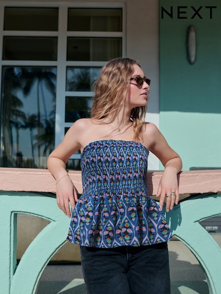 Blue/Orange Woodblock Geo Print Shirred Peplum Bandeau Boobtube With Linen (F08049) | £22