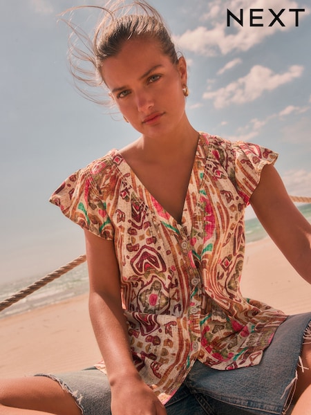 Multicoloured Abstract Print Button Down Ruffle Sleeve Top With Linen (F08050) | £25