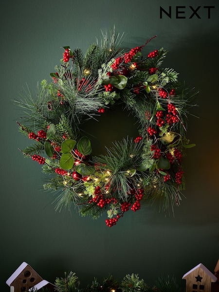 Red Berry Lit Christmas Wreath (F08054) | £34