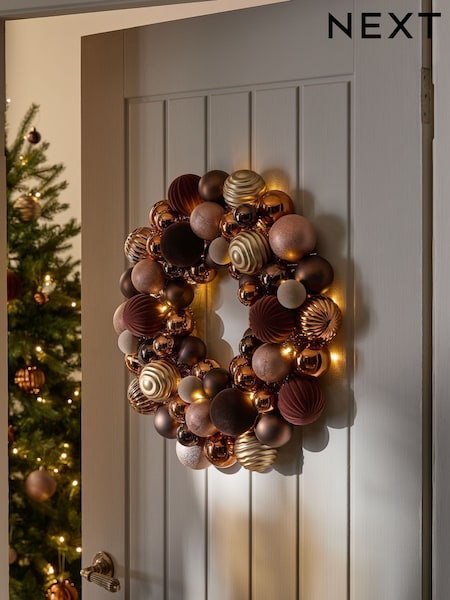 Copper Bauble Pre Lit Christmas Wreath (F08063) | £35