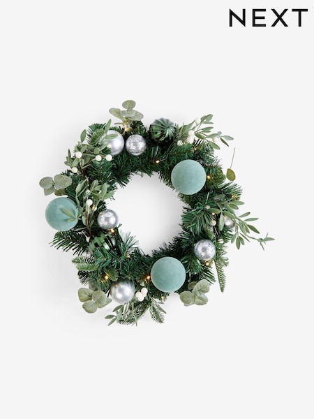 Green Lit Faux Bauble Christmas Wreath (F08064) | £34