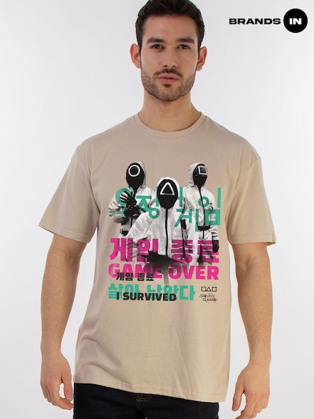 Brands In Natural Mens Netflix Squid Game I Survived 100% Cotton T-Shirt (F08141) | £25
