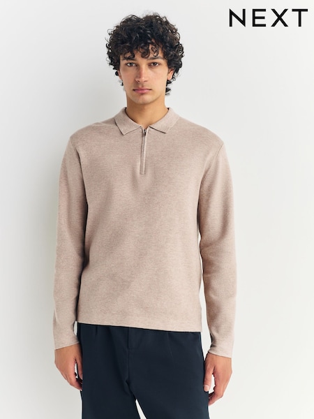 Oatmeal Zip Neck Regular Fit Premium Long Sleeve Knit Polo Shirt (F08158) | £36