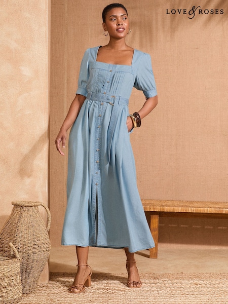 Love & Roses Light Blue Denim Square Neck Short Sleeve Belted Button Through Mid Dress (F08179) | £58