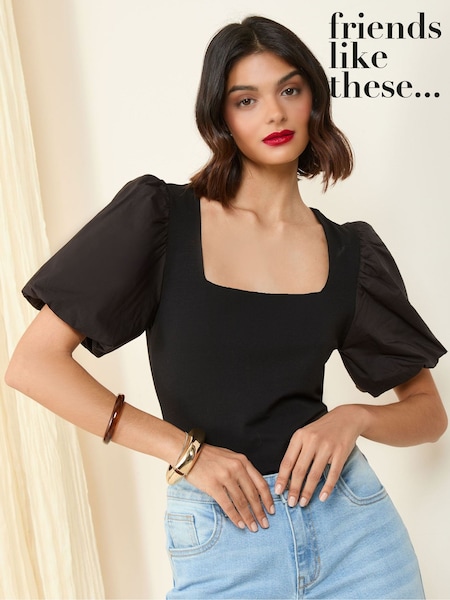Friends Like These Black Petite Square Neck Puff Sleeve Bodysuit (F08195) | £28