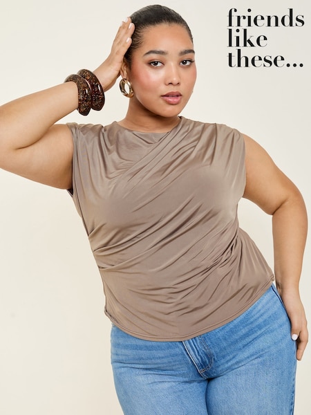 Friends Like These Mocha Brown Curve Slinky Drape Top (F08200) | £28