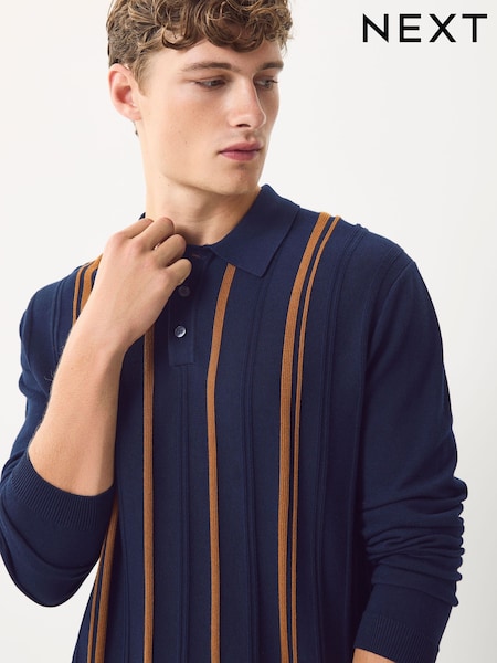 Navy Blue Regular Fit Cotton Rich Long Sleeve Stripe Knit Polo Shirt (F08208) | £32