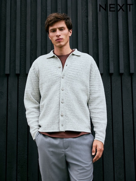 Grey Regular Fit Textured Collared Cardigan with Wool (F08303) | £48
