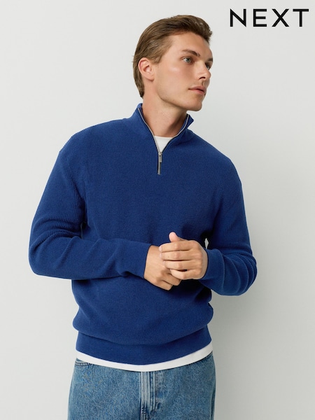 Navy Blue Regular Fit Ribbed Chenille Quarter Zip Jumper (F08312) | £32