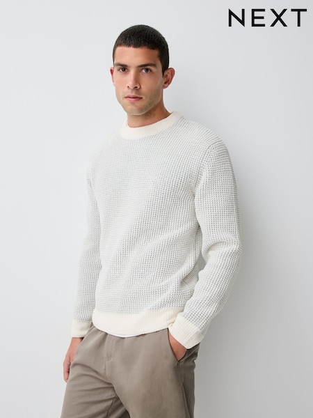 Ecru White Relaxed Fit Waffle Textured Chenille Crew Jumper (F08313) | £35