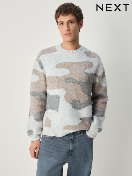 Neutral Relaxed Fit Camo Pattern Crew Neck Jumper with Wool (F08340) | £36