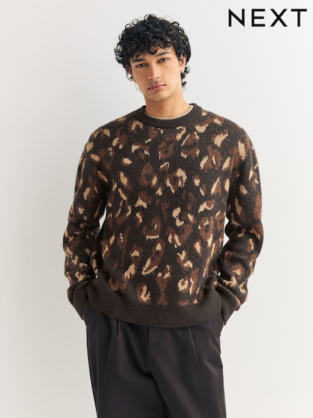 Black/Brown Relaxed Fit Leopard Print Crew Jumper with Wool (F08341) | £39