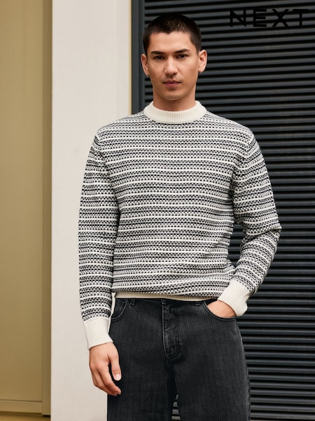 Black/White Regular Fit Striped Crew Neck Jumper with Wool (F08344) | £32