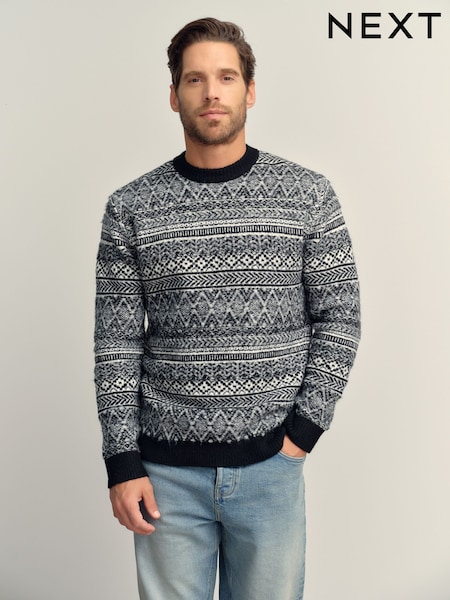 Black/White Regular Fit Fairisle Pattern Crew Neck Jumper (F08357) | £36